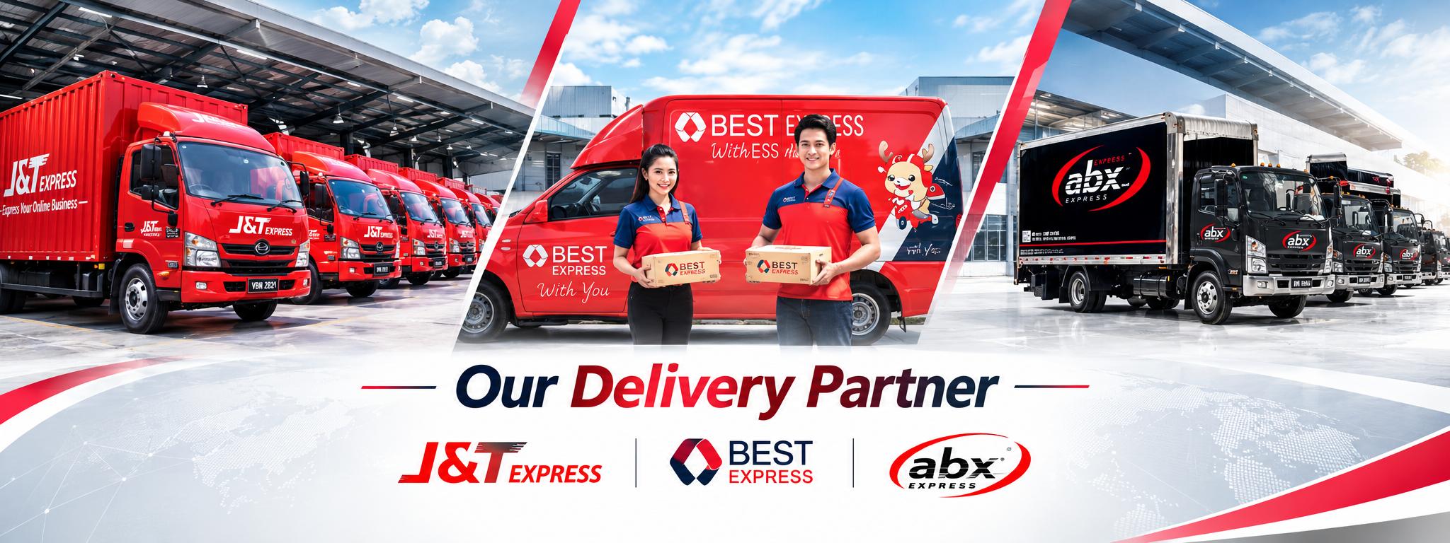 Our delivery partners — J&T Express, BEST Express, and ABX Express.